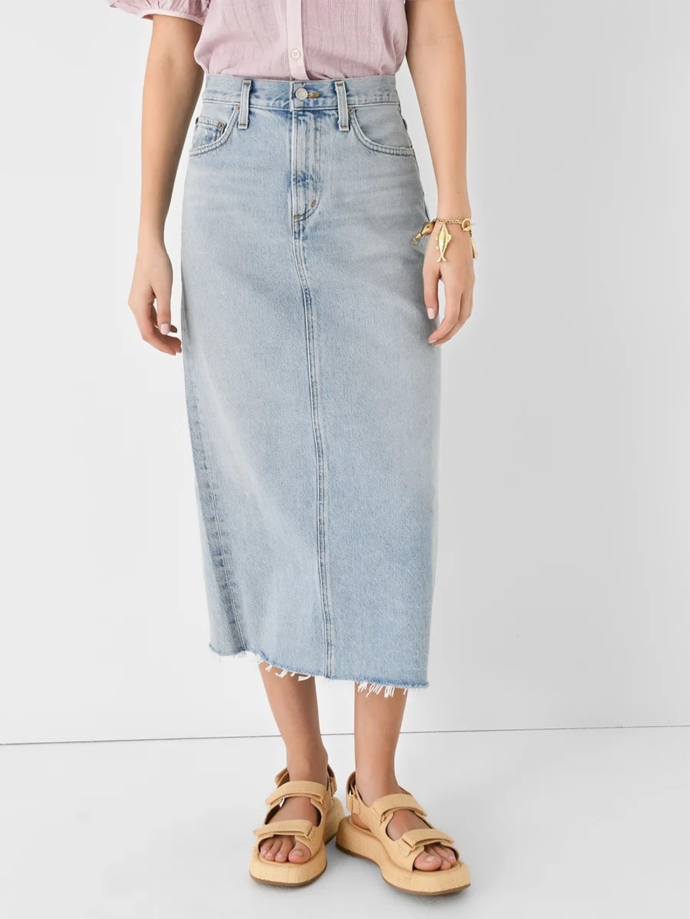 Agolde Light Blue Della Straight Long Denim Skirt 29